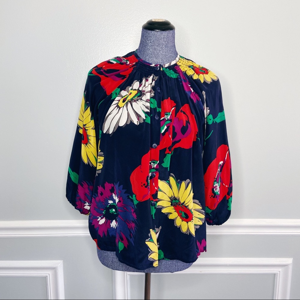 COPY - Tucker Blue Bold Floral Silk Smocked Blouse M/L